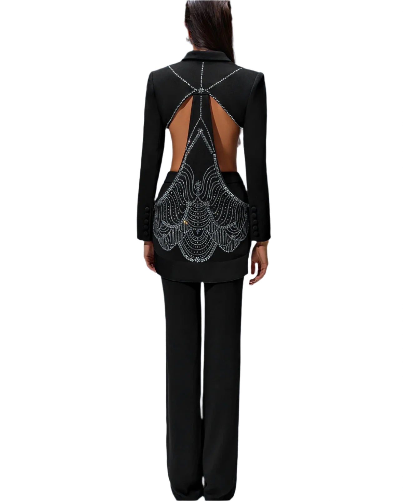 Black outfit with intricate back design on a gray background