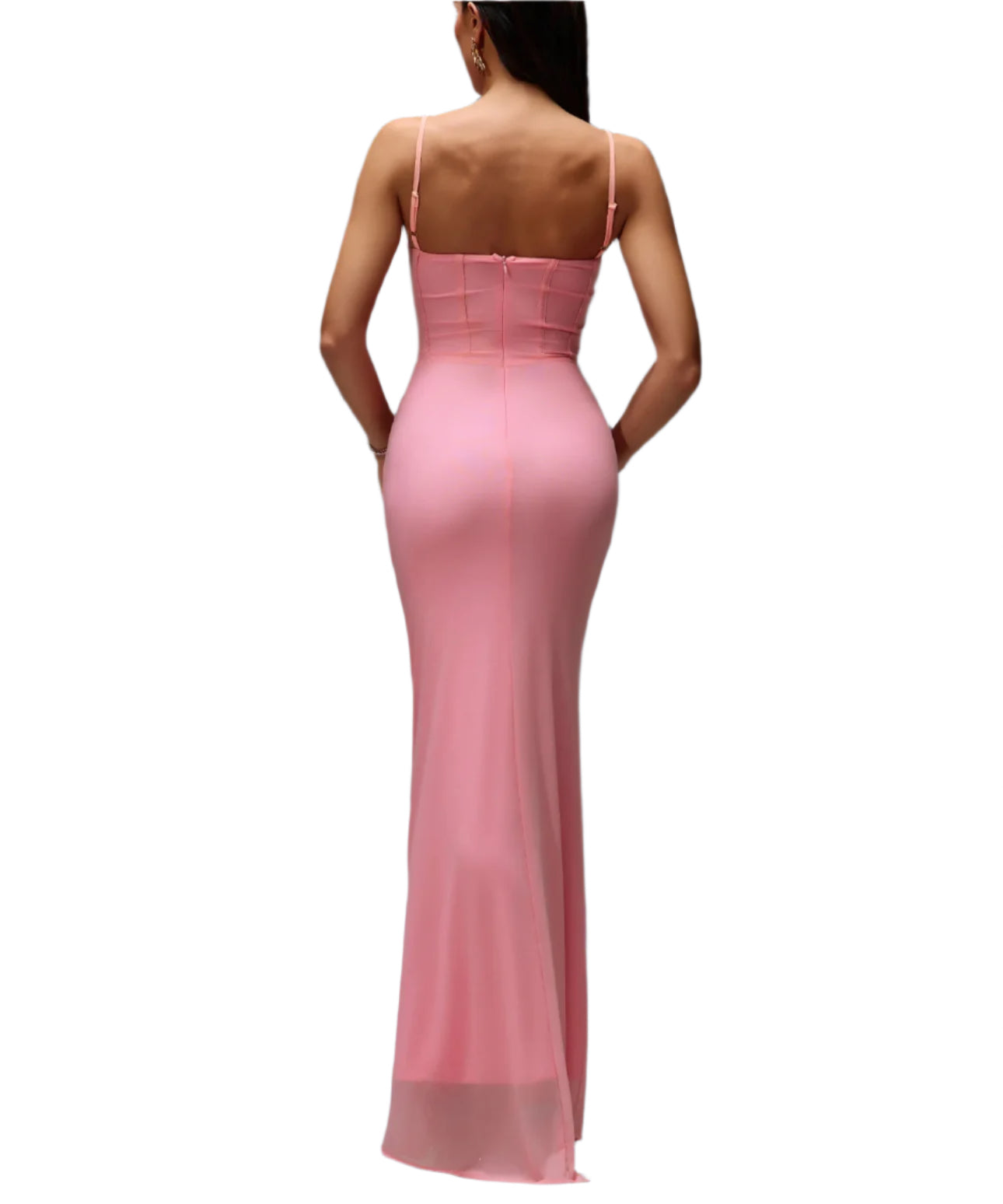 Pink evening gown on a model against a gray background