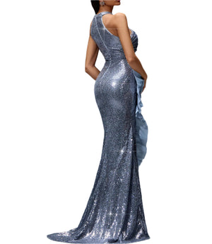 Silver sequin evening gown on a gray background