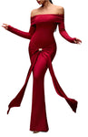 Red off-shoulder gown with a gold belt on a gray background