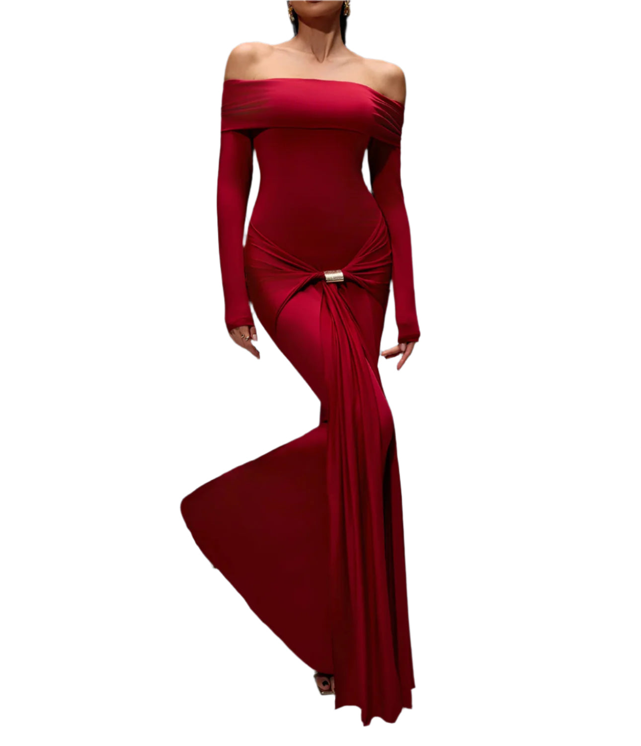 Red off-shoulder gown with long sleeves on a gray background