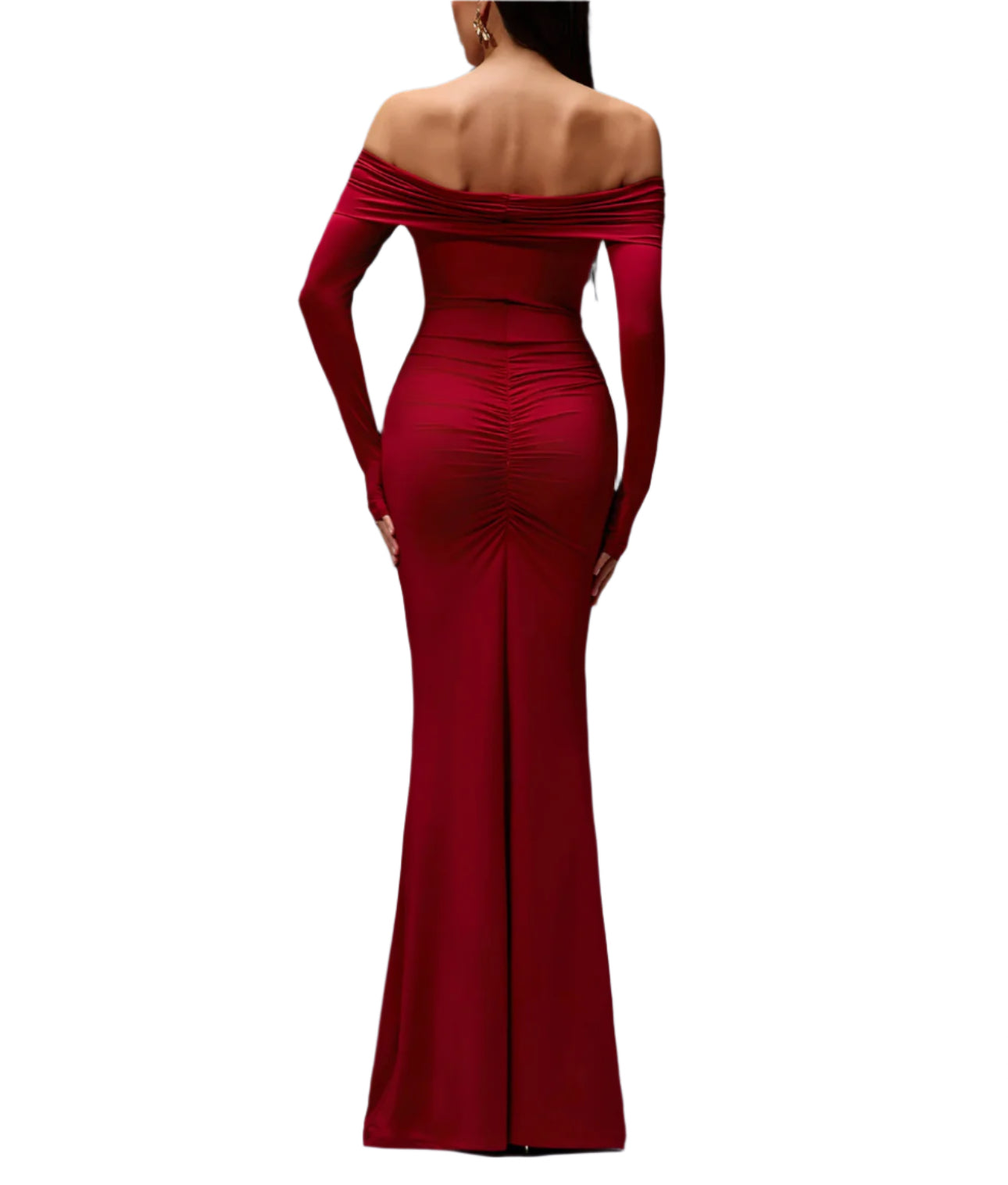 Red off-shoulder evening gown on a gray background