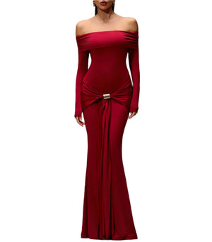 Red off-shoulder evening gown on a gray background