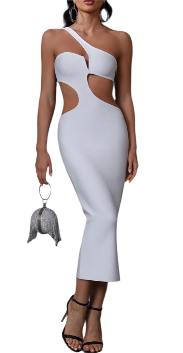 KARLIN One Shoulder Cutout Midi Bandage Dress