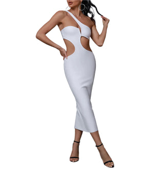 KARLIN One Shoulder Cutout Midi Bandage Dress