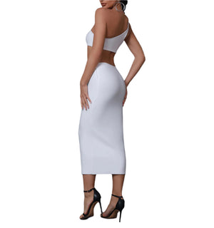 KARLIN One Shoulder Cutout Midi Bandage Dress