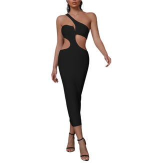 KARLIN One Shoulder Cutout Midi Bandage Dress