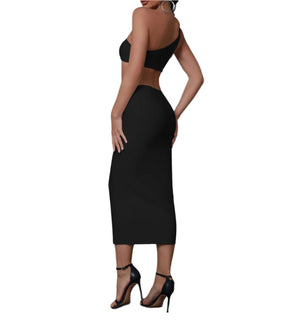 KARLIN One Shoulder Cutout Midi Bandage Dress