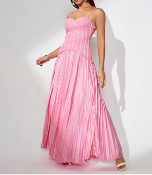 CAMILA Open Back Pleated Lace Maxi Dress