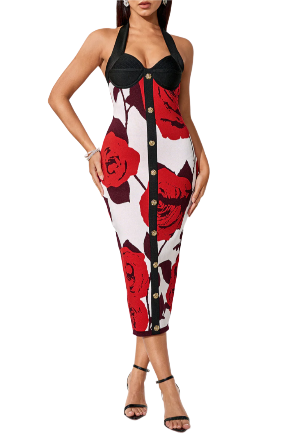 KALA Button Front Floral Bandage Dress