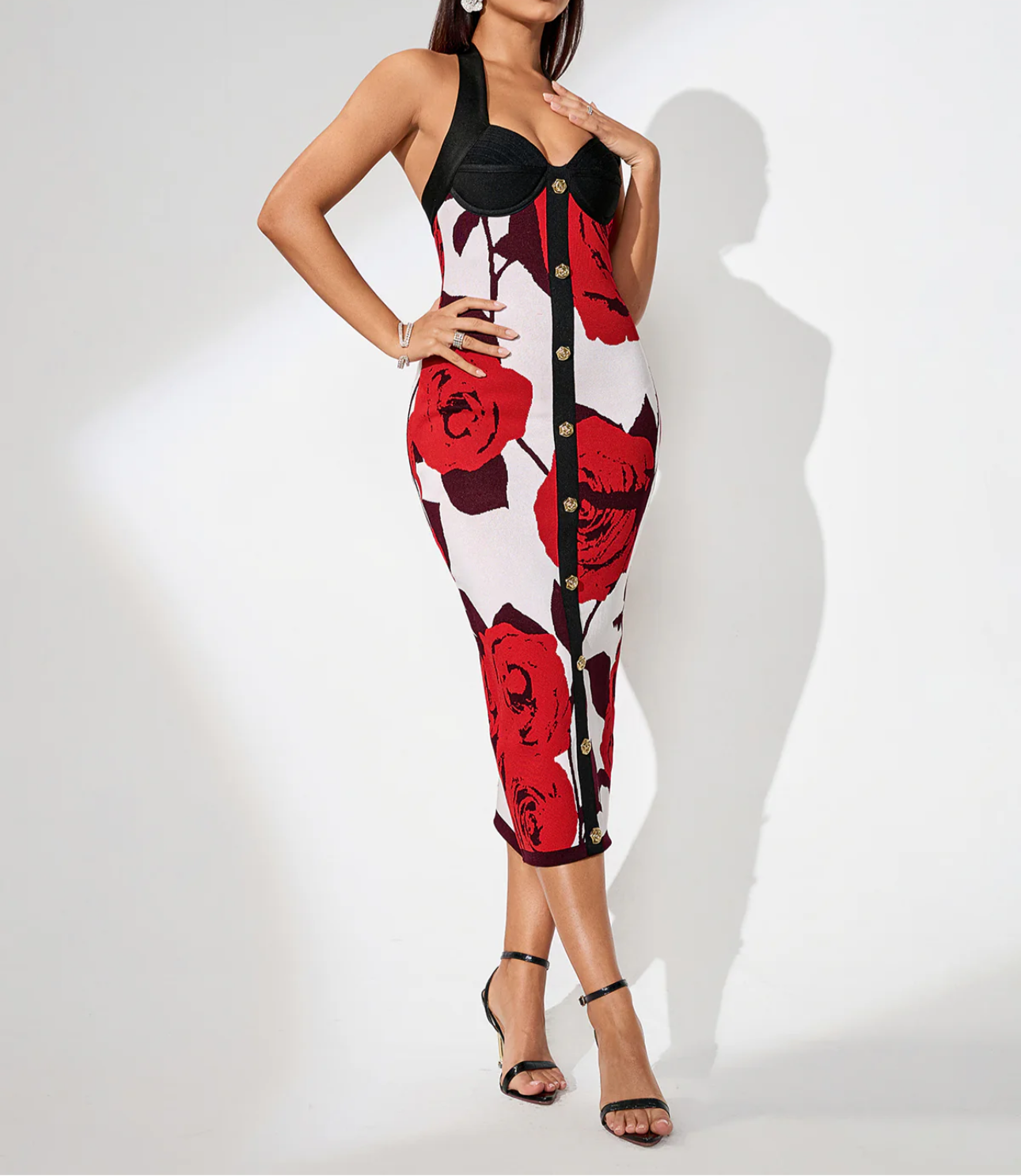 KALA Button Front Floral Bandage Dress