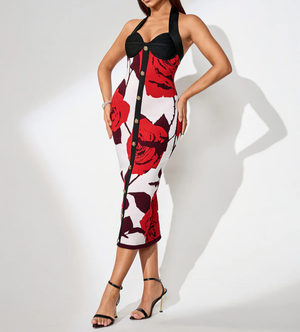 KALA Button Front Floral Bandage Dress