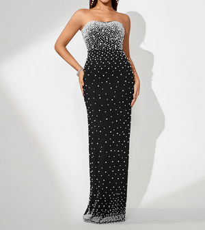 MIRNA Elegant Pearl Embellished Evening Dress