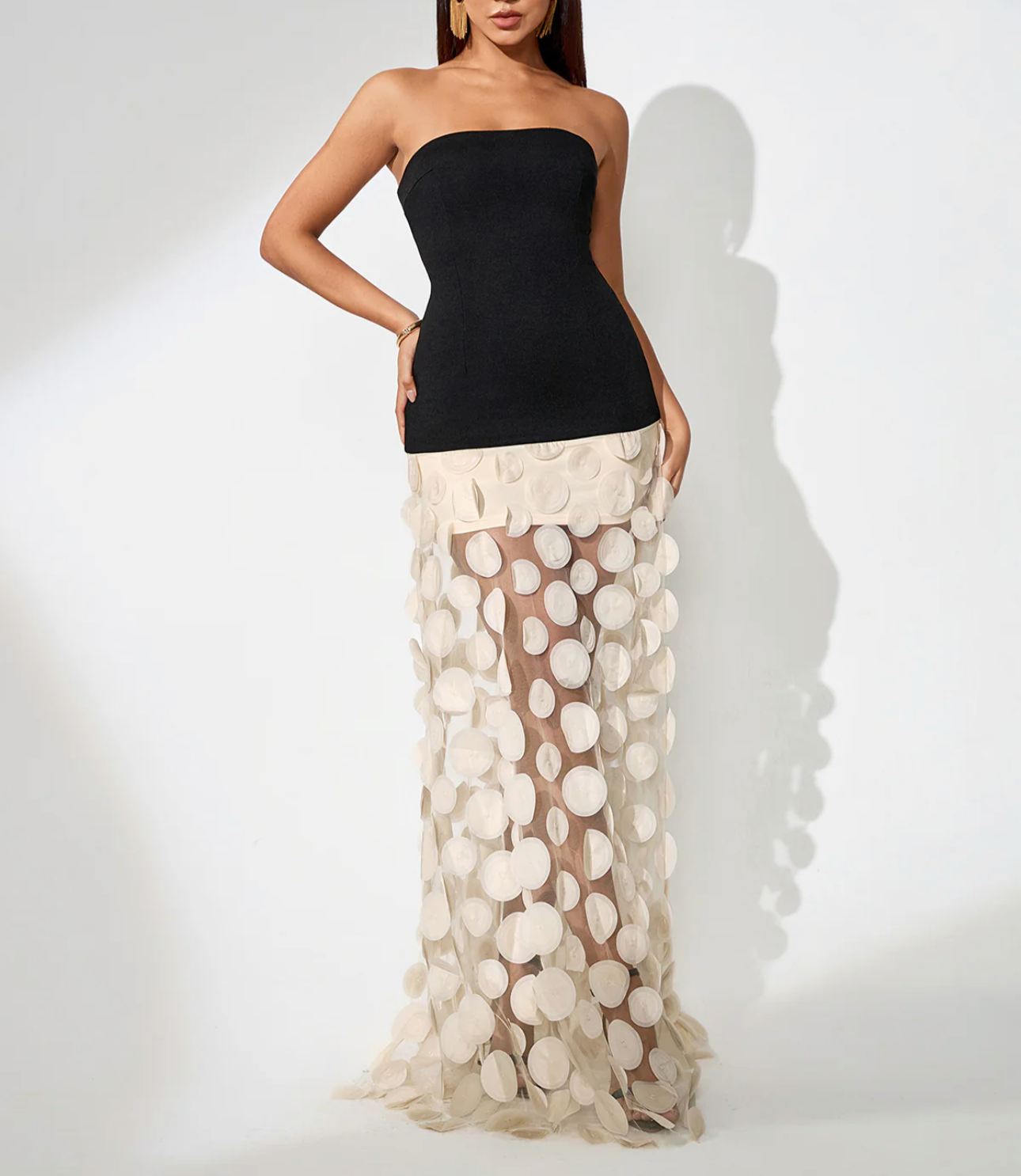 RAINA Polka Dot Spliced Maxi Dress