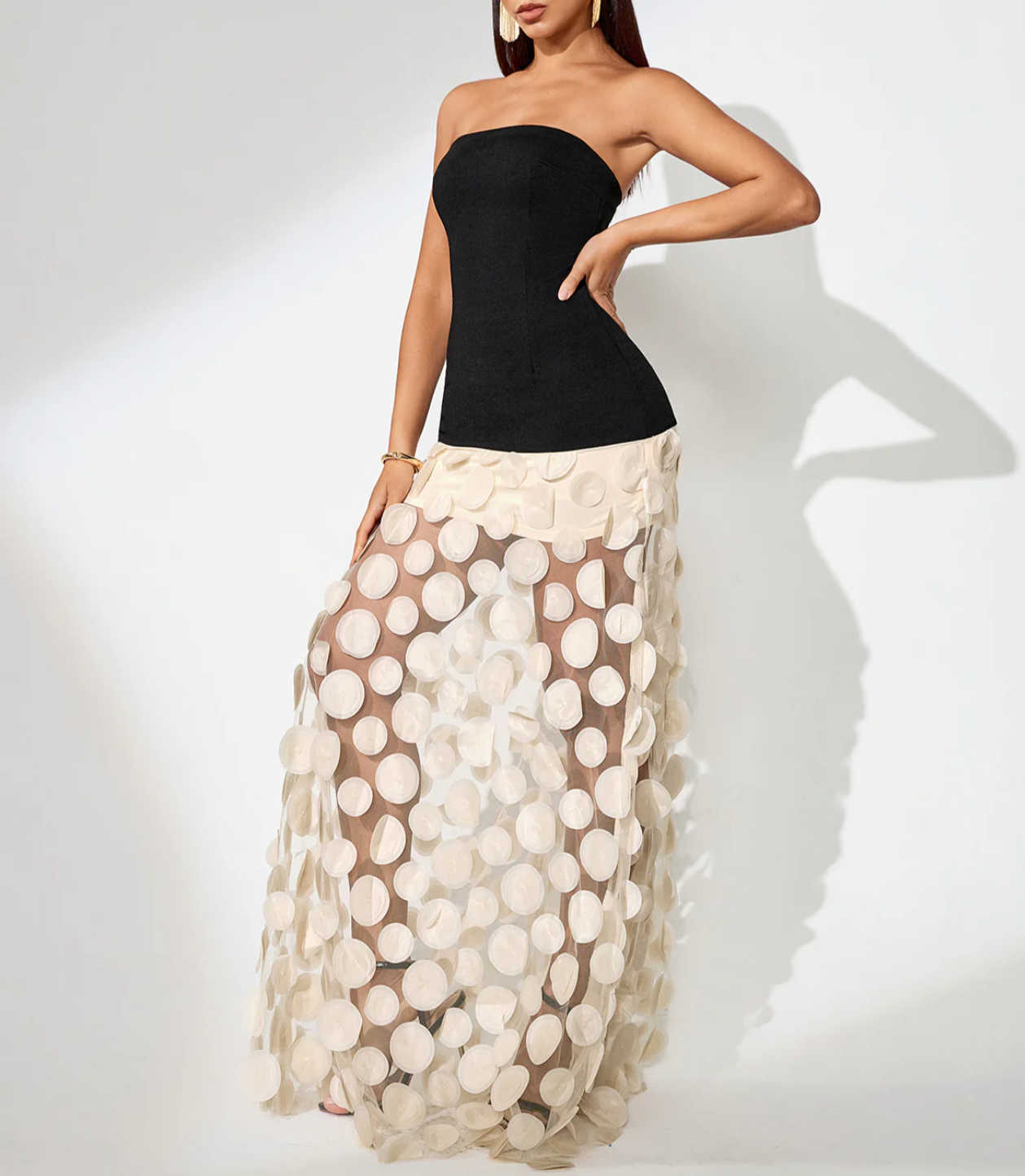 RAINA Polka Dot Spliced Maxi Dress