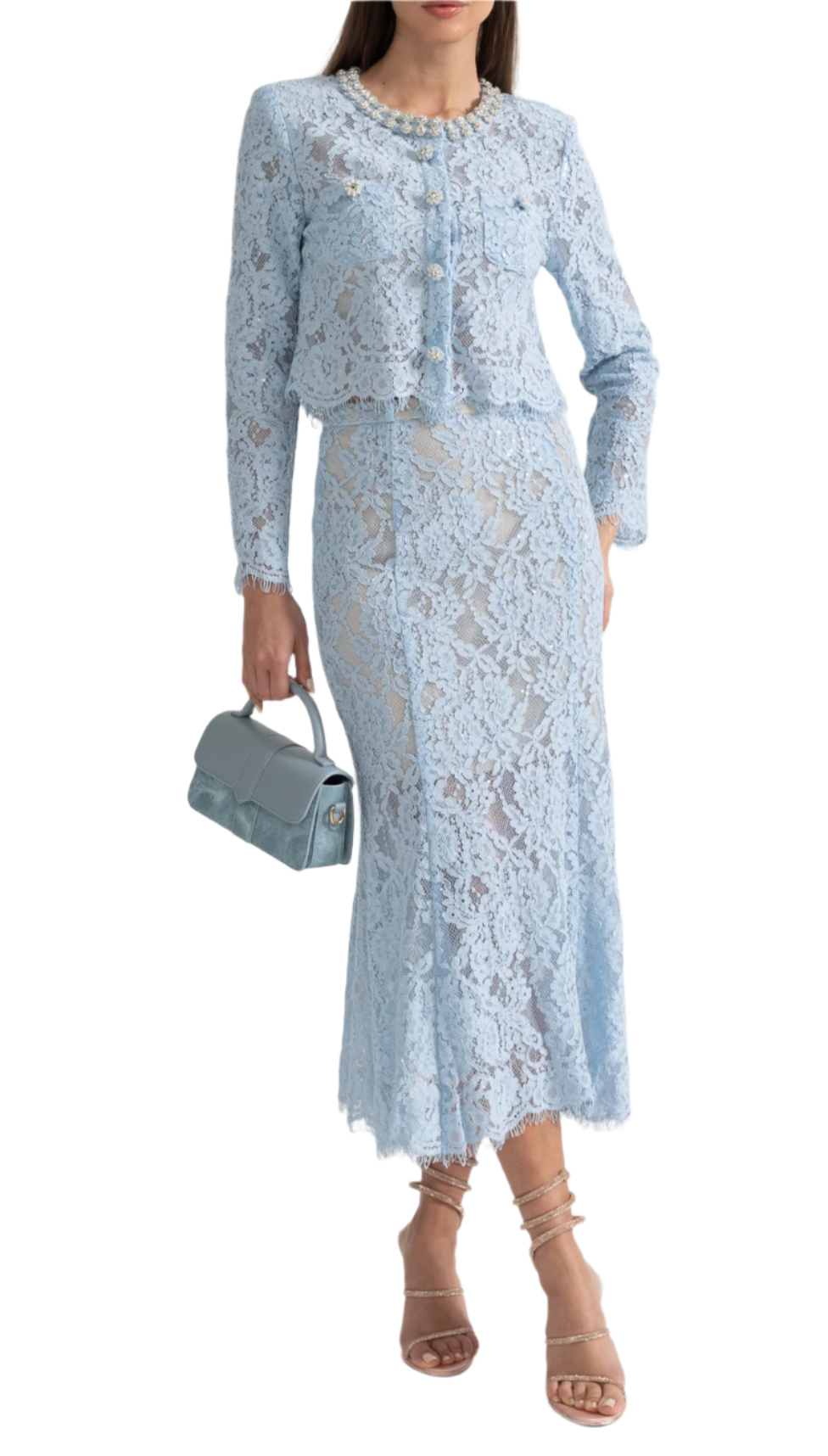 NANA LACE CO-ORD WITH SPARKLING NECKLINE EMBELLISHMENTS AND MIDI SKIRT