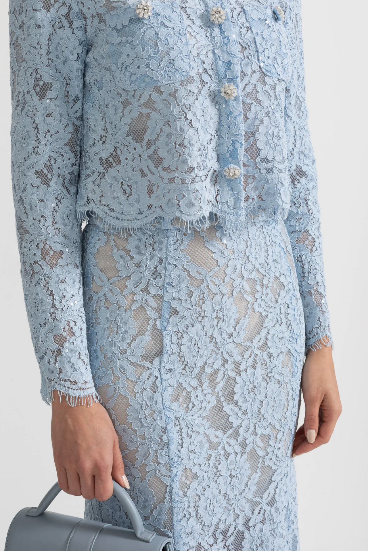 NANA LACE CO-ORD WITH SPARKLING NECKLINE EMBELLISHMENTS AND MIDI SKIRT