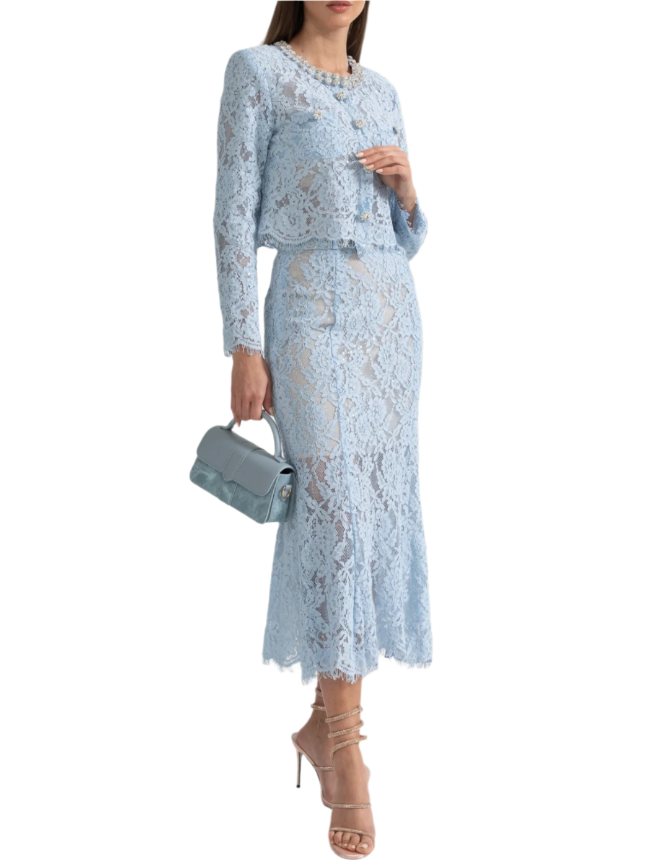 NANA LACE CO-ORD WITH SPARKLING NECKLINE EMBELLISHMENTS AND MIDI SKIRT