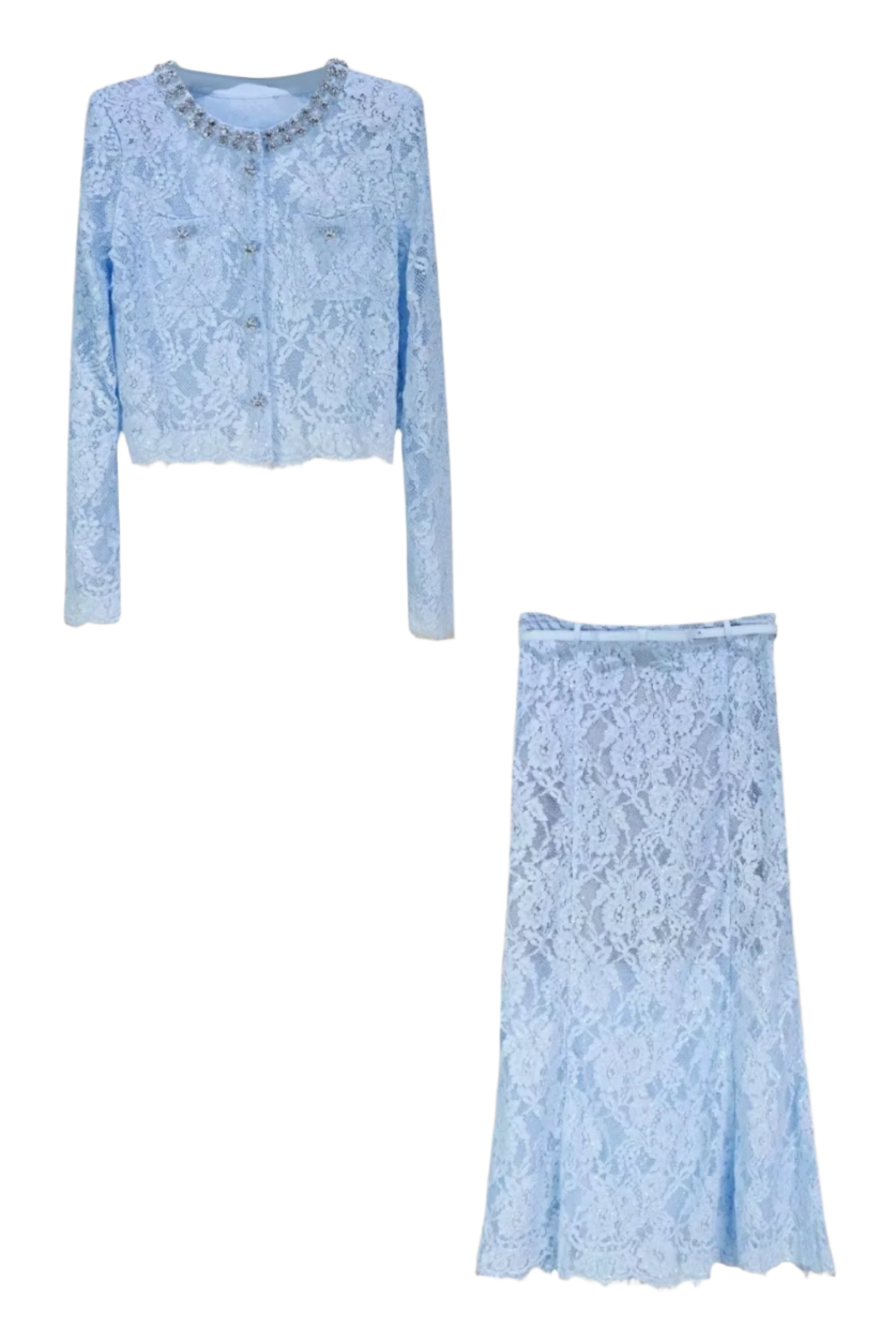 NANA LACE CO-ORD WITH SPARKLING NECKLINE EMBELLISHMENTS AND MIDI SKIRT