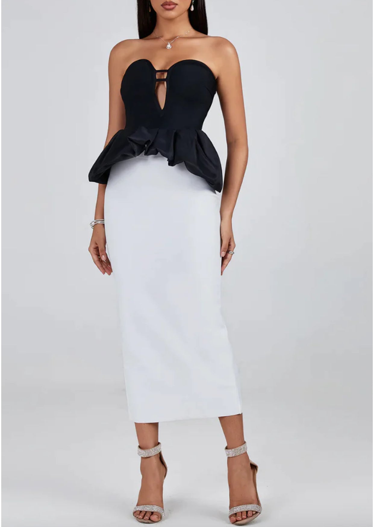 NEXT DAY DELIVERY THEO Black-White Strapless Bandage Dress