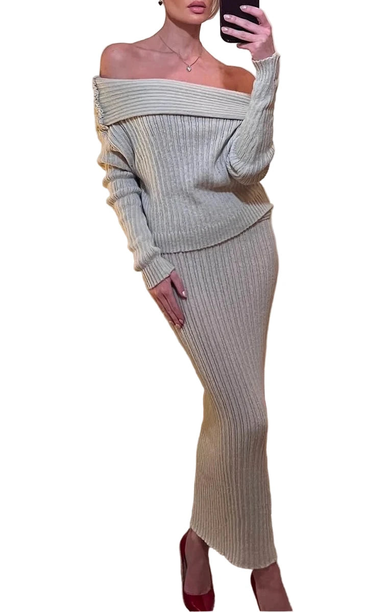 INDIRA Knit Long Sleeve and Maxi Skirt Set