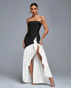 INDRANI Open Back Color Block Ruffle Layered Bandage Maxi Dress