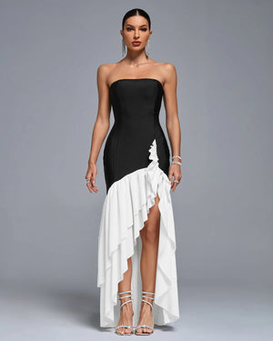 INDRANI Open Back Color Block Ruffle Layered Bandage Maxi Dress