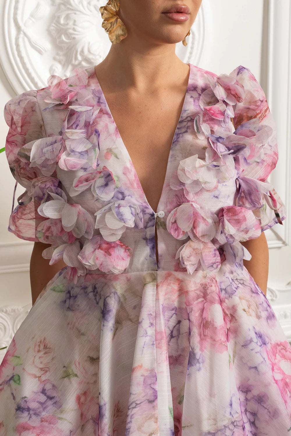 IRISA 3D FLORAL APPLIQUÉ PUFF SLEEVE MINI DRESS