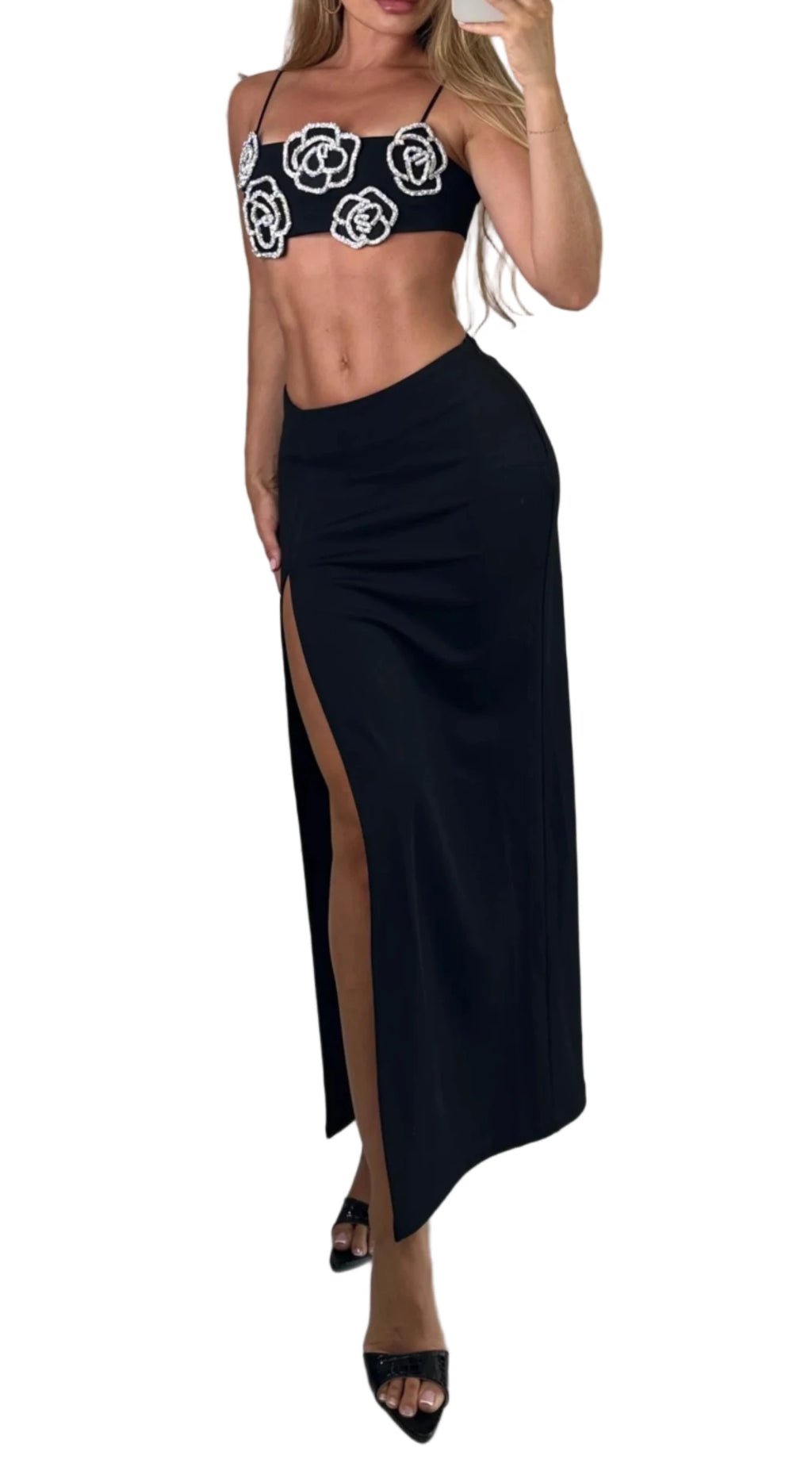 JASYBE Crystals Flowers Crop Top and Maxi Skirt