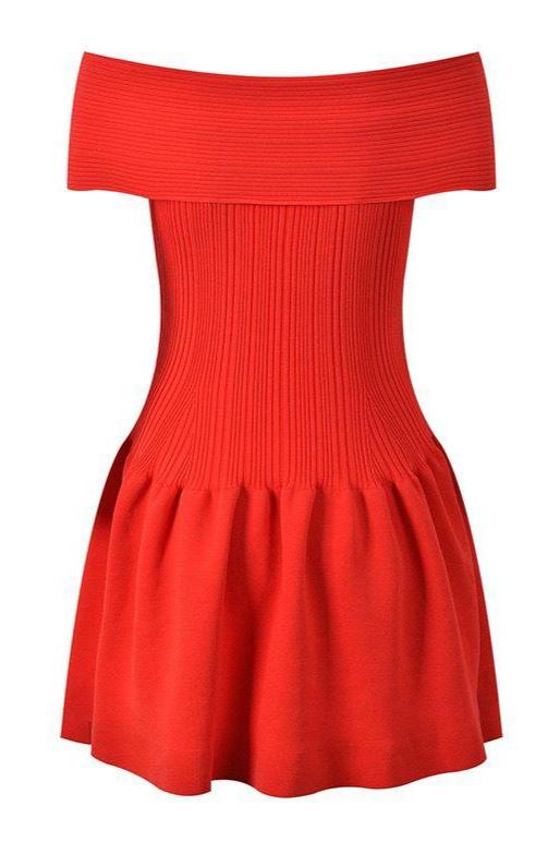 JULSIE Off of the Shoulder Flare Bodycon Dress M / RED JULSIE Off of the Shoulder Flare Bodycon Dress M / RED