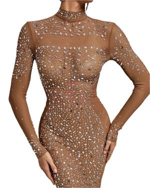 KASHVI High Neck Crystal Embroidery Bodycon Dress