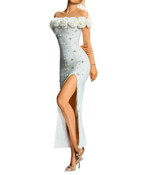 KATIA Strapless Flowers Crystals Maxi Bandage Dress