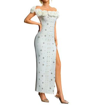 KATIA Strapless Flowers Crystals Maxi Bandage Dress