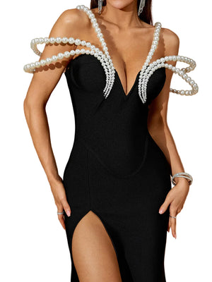 KAYLA Pearl Embellished High-Slit Bandage Dress