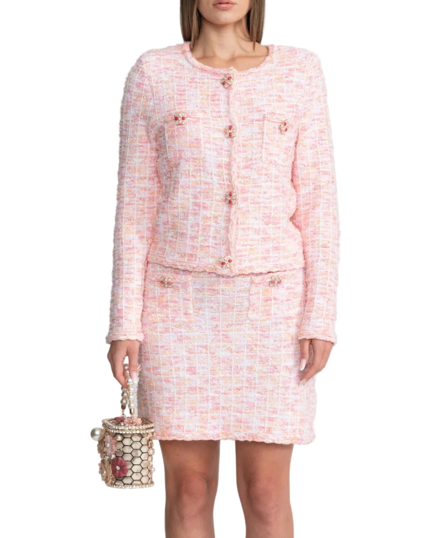 KIMBERLY Tweed Embellished Buttons Bodycon Set