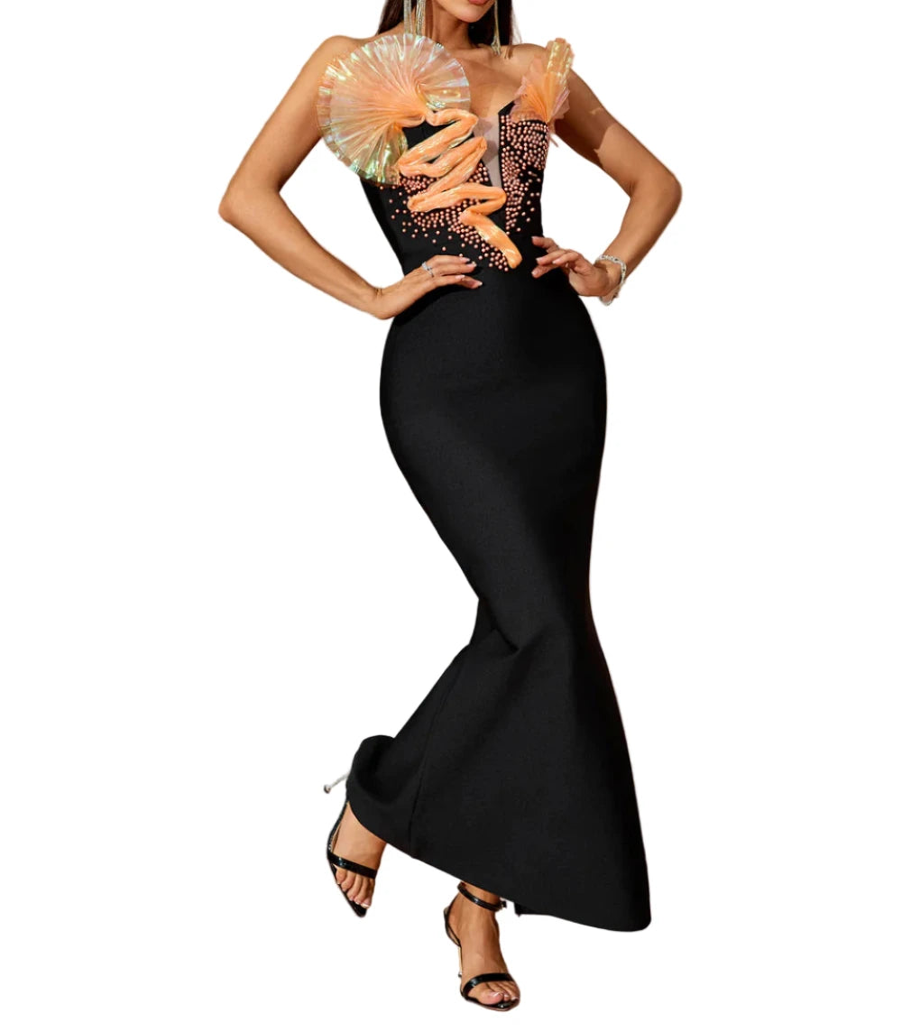 LENUSY Strapless Big Aplique Maxi Bandage Dress