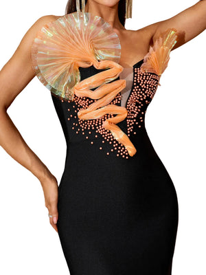 LENUSY Strapless Big Aplique Maxi Bandage Dress