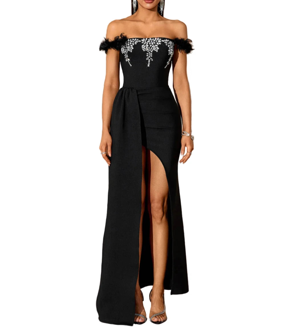 LEONOR Strapless Feathers and Crystals Maxi Bandage Dress