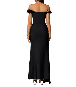 LEONOR Strapless Feathers and Crystals Maxi Bandage Dress
