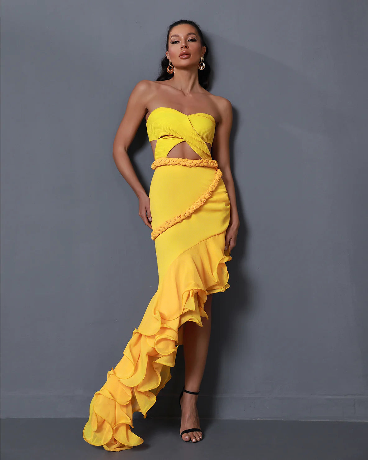 LINDA Yellow Strapless Cutout Maxi Dress