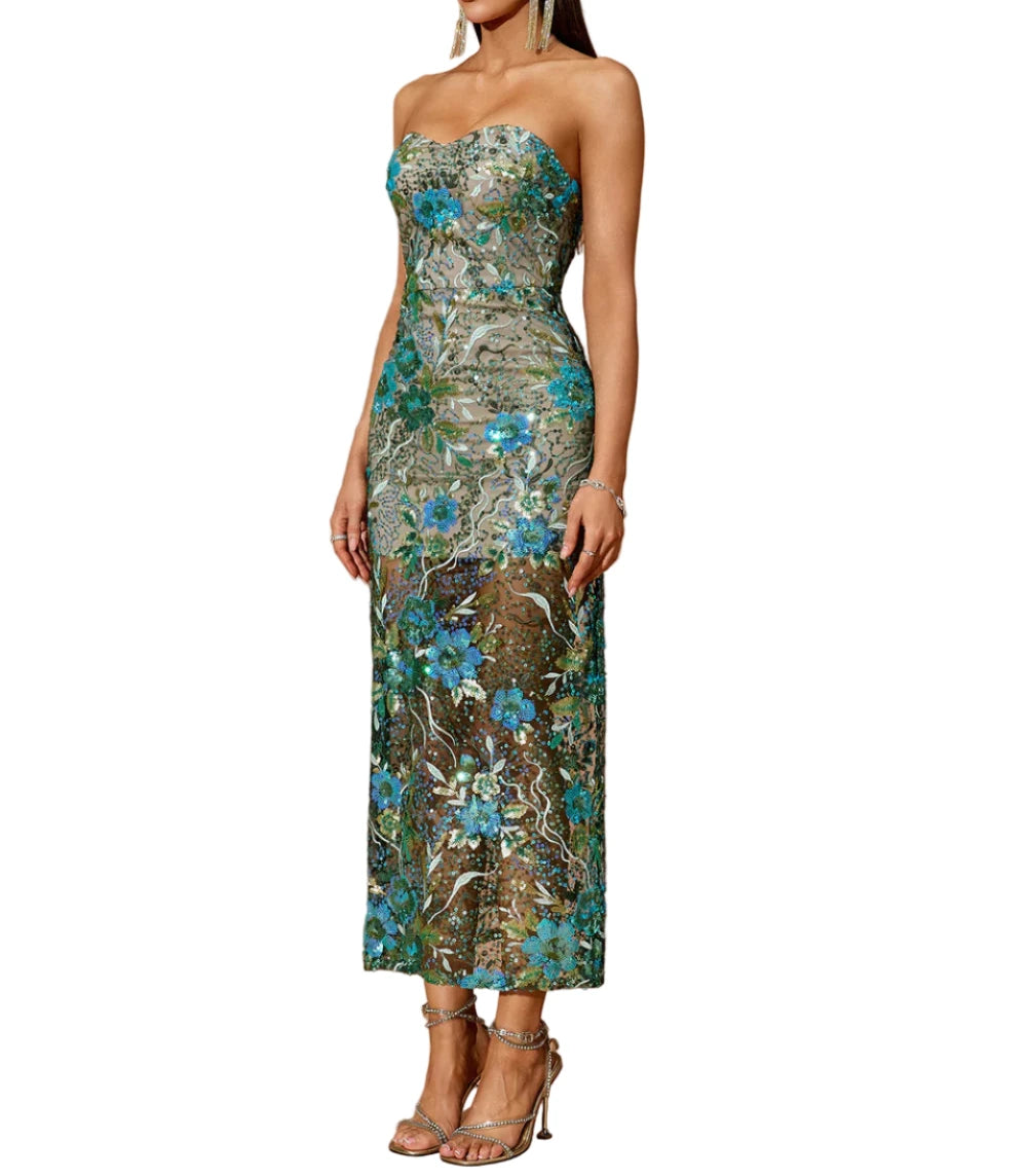 LUCRECIA Strapless Floral Sequins Midi Bodycon Dress