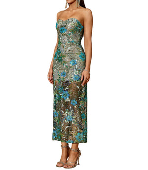 LUCRECIA Strapless Floral Sequins Midi Bodycon Dress