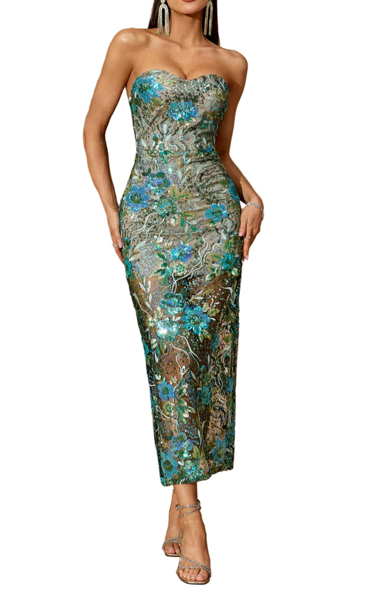 LUCRECIA Strapless Floral Sequins Midi Bodycon Dress