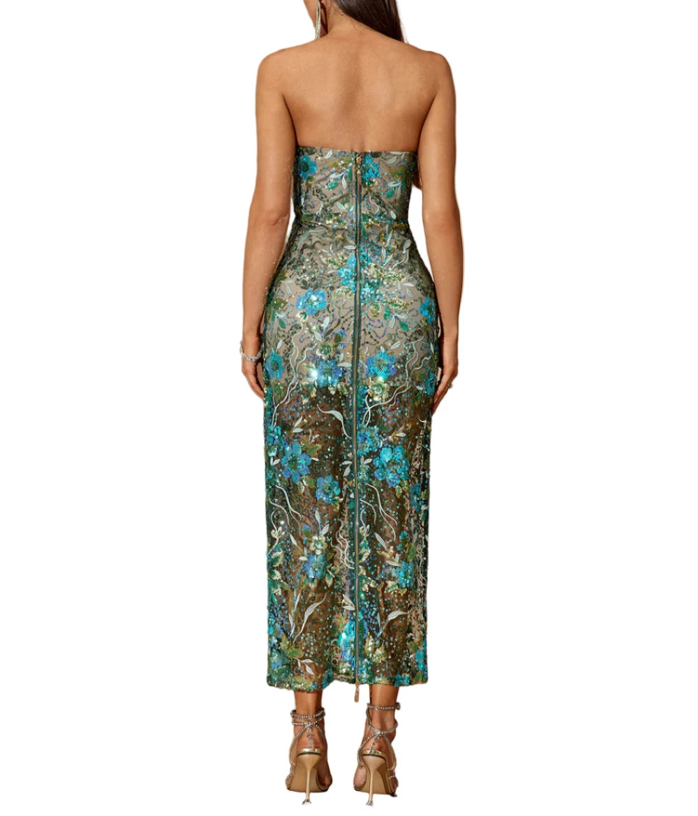 LUCRECIA Strapless Floral Sequins Midi Bodycon Dress