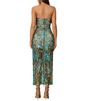 LUCRECIA Strapless Floral Sequins Midi Bodycon Dress