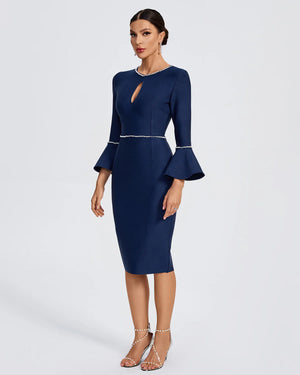 MAYANIN Pearl Trim Pagoda-Sleeve Midi Bandage Dress