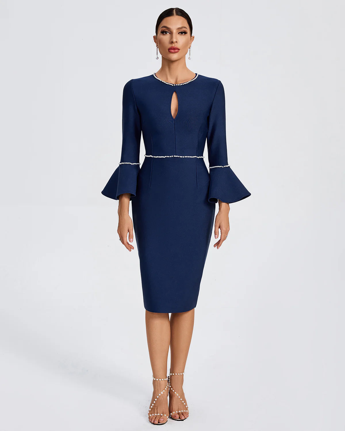 MAYANIN Pearl Trim Pagoda-Sleeve Midi Bandage Dress