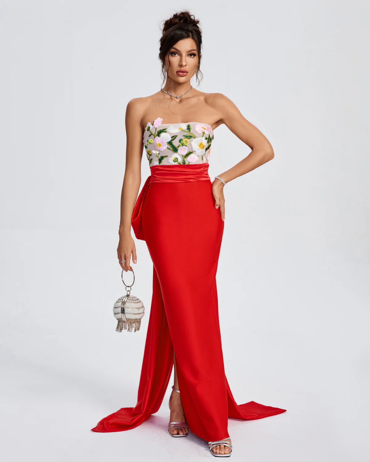 MIA Floral Embroidered Corset Bow-Draped Maxi Dress