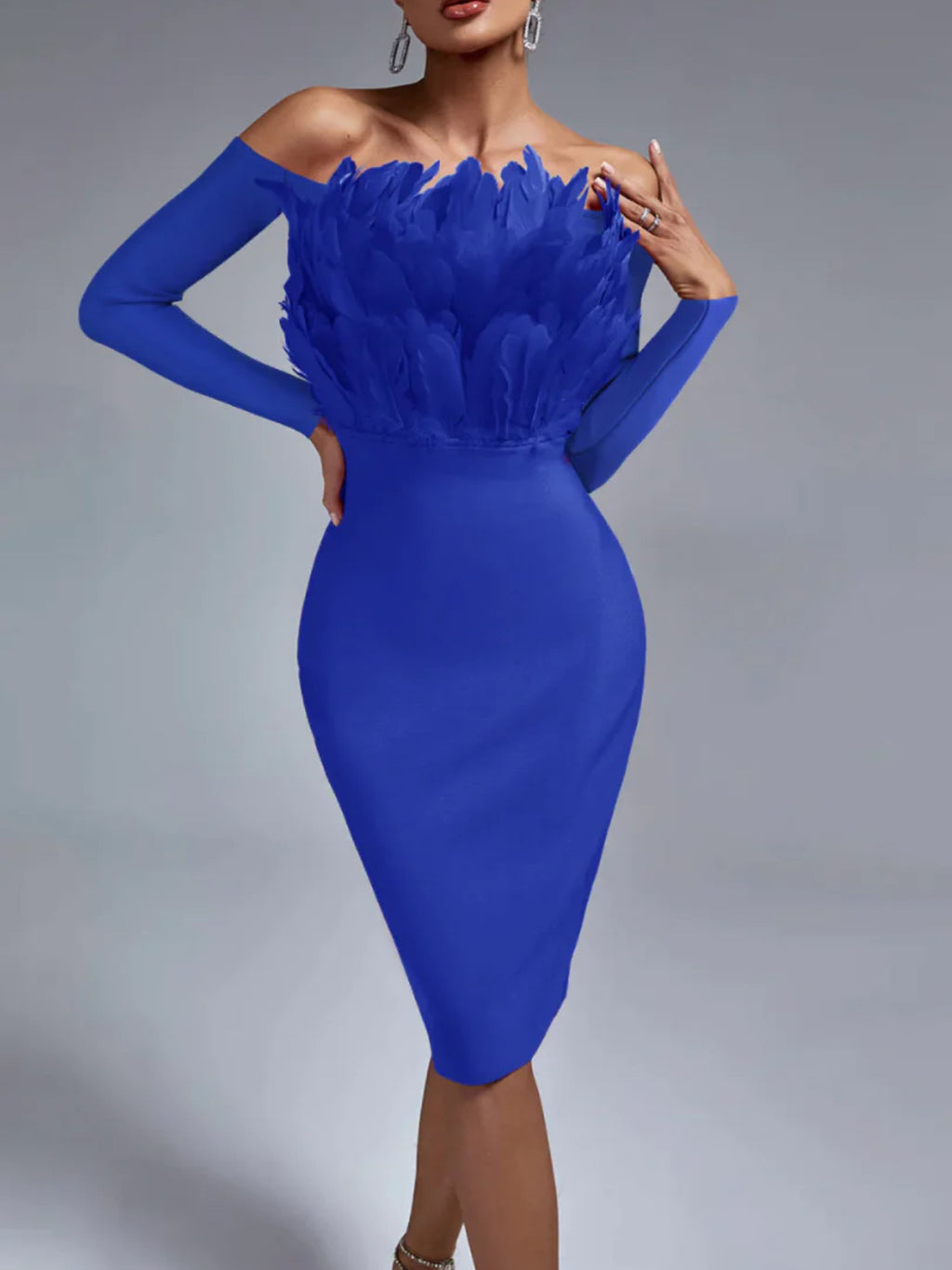 NEXT DAY DELIVERY MILOS Off Shoulder Feather Midi Bandage Dress