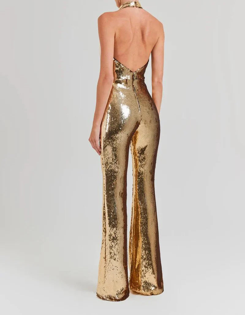 NEXT DAY DELIVERY MIREYA Halter Gold Sequins Bodycon Jumpsuit